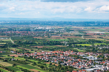 Fototapeta na wymiar Panoramic view of Upper Rhine Plain. Front - Schriesheim, Ladenburg, background - Mannheim