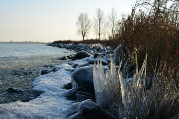 Ice along the coast of the IJsselmeer near Medemblik, The Netherlands