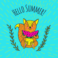Hello Summer card with fox character and watermelon.