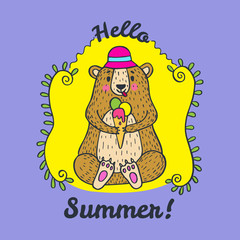 Hello Summer card with bear character and ice cream.