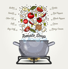 Vector Tomato Soup Ingredients Falling Down to Pot with Boiling Water