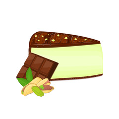 Piece of cheesecake with pistachio nuts and chocolate bar. Vector sliced portion of cheescake cake with creamy pistacia layer, decorated with chocolate shortcake on white background for menu design