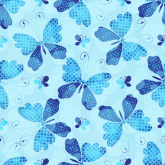 Fototapeta premium Seamless blue pattern with vintage butterflies