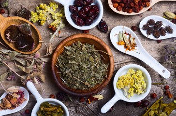 Herbs in wooden spoon