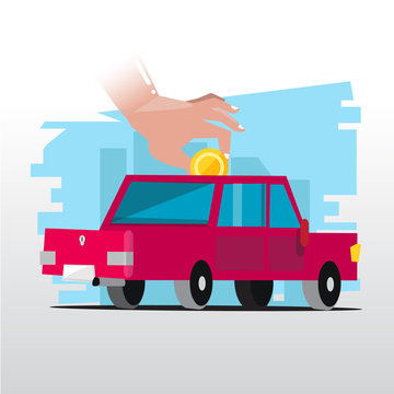 hand insert coin to car. investing money in the car - vector illustration