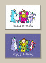 Happy birthday card set with owl, bear and rabbit characters.
