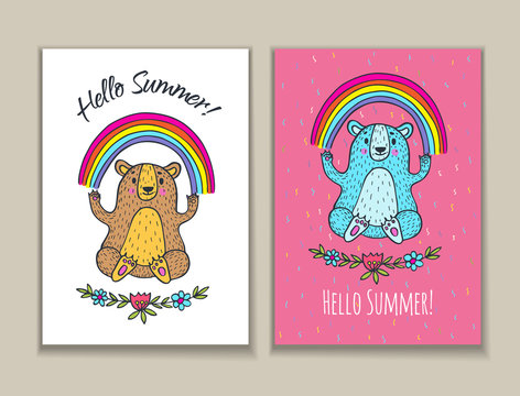 Hello Summer card set with bear character and rainbow.