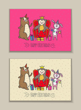 Happy birthday card set with owl, bear and rabbit characters.