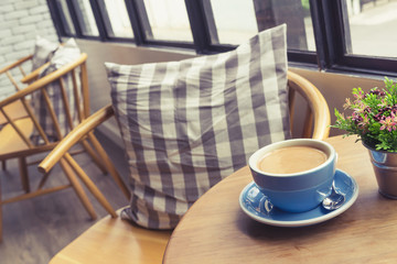 Morning hot chocolate in coffee shop background