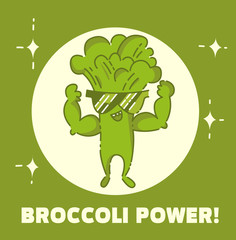 Broccoli power poster. Broccoli man. Cute kawaii cartoon person. Flat line design. Healthy vegan food character in sunglasses. Natural product sign. Vector illustration