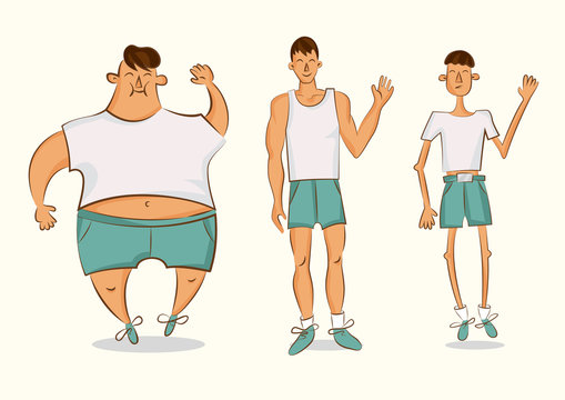 Vector comic character in a different forms. Set of cartoon style illustrations. Man with excess weight, in normal shape and with underweight.