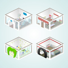 Set of the isometric shops and other elements (Gifts, Flowers, Auto products). Vector illustration.