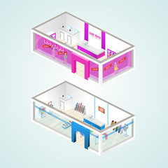Set of the isometric shops and other elements (Women's Clothing, Sporting Goods). Vector illustration.