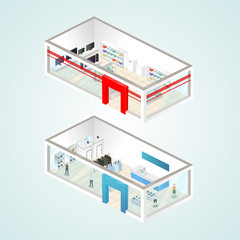 Set of the isometric shops and other elements (Home appliance, Clothing). Vector illustration.