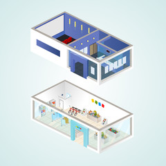 Isometric goods for children and cinema. Vector illustration.