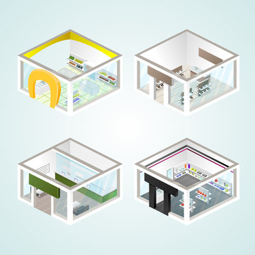 Set of the isometric shops and other elements (Gifts, Shoes, Cash). Vector illustration.