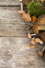 Raw mushrooms on a wooden table.