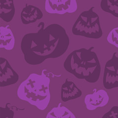 Halloween pumpkins seamless pattern. Violet vector illustration in cartoon style for holiday poster, banner, brochure, invitation card, packing design.