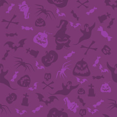 Halloween pumpkins, bones, bats and skulls seamless pattern. Violet vector illustration in cartoon style for holiday poster, banner, brochure, invitation card, packing design.