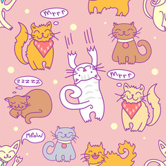 Comic cartoon cats seamless pattern. Simply editable vector texture for fabric, cover, packing or other design print