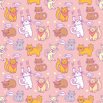 Seamless pattern with comic cartoon cats. Kittens with speech bubbles. Simply editable vector texture for fabric, cover, packing or other design print