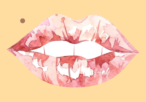 Hand drawn watercolor sexy lips and teeth. Abstract close up face with mole. Vector illustration