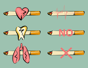 Set of smoking harm signs. Damaged heart, tooth and lungs. Cigarette and pulse icon. Retro cartoon style. Vector illustrations.