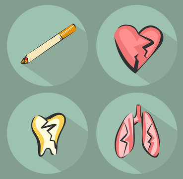 Smoking harm icons and cigarette icon. Suffering heart, lungs and tooth. Vector illustrations set in retro modern style