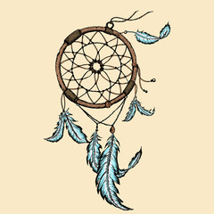 Hand-drawn dreamcatcher with feathers. Ethnic illustration, tribal