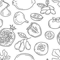 Monochrome vector seamless pattern with fruits. Abstract healthy