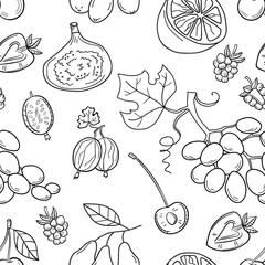 Monochrome vector seamless pattern with fruits. Abstract healthy