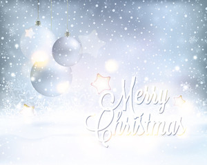 Silver blue Christmas background with baubles and snowfall