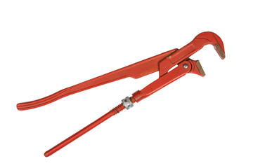 Red adjustable pipe wrench isolated on a white
