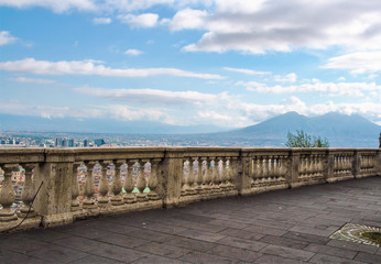Fototapeta na wymiar Perspective of the balcony of San Martino , with mount Vesuvius on Background, Naples, Italy 