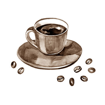 Hand painted watercolor illustration with cup of espresso and coffee beans