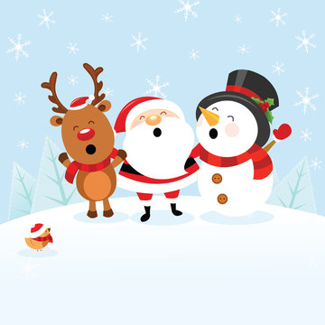 Santa With Snowman and Reindeer