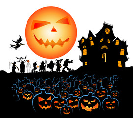 halloween walk with face moon pumpkins and cimetery