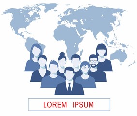 Business people team flat design illustration over background world map