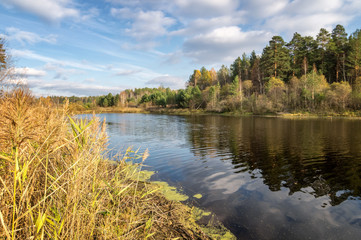 панорама осеннего пейзажа в лесу с озером, Россия, Урал