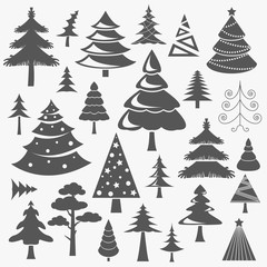 Christmas tree icon set. Flat design. Monochrome version
