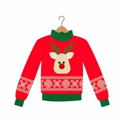 illustration of a red Christmas sweater with deer on the white background