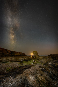 Moon Set with Milky Way over Porth Y Post.