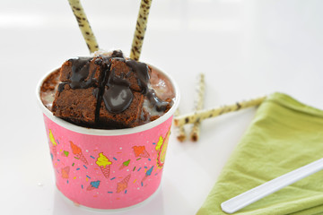 Shaved Ice dessert with brownies and chocolate.