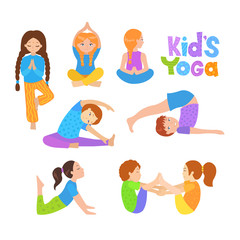 Cute kids doing yoga exercises. Yoga kids set. Gymnastics for children and healthy lifestyle. Vector illustration.