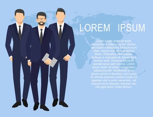 Business men silhouette. team businesspeople group hold document folders on world map background vector Illustration