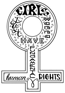 Girls just wanna have human rights.  Feminism quote. Feminist saying. Brush lettering. Vector design.