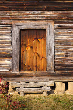 front porch, door of old rustic log house or cabin