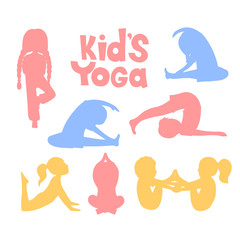 Cute kids silhouettes doing yoga exercises. Yoga kids set. Gymnastics for children and healthy lifestyle. Vector illustration.