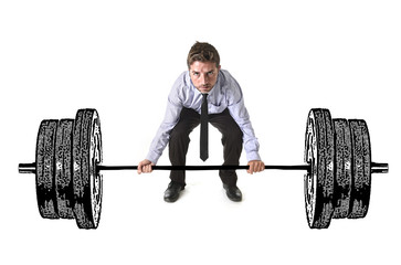 corporate composite of young attractive businessman power lifting heavy dumbbell weights