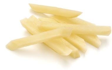 Raw Potato sliced strips prepared for French fries isolated on w